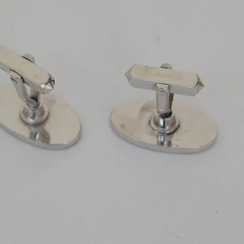 VINTAGE SILVER TONE ETCHED OVAL CUFFLINKS 1” Minimalistic Bullet Back